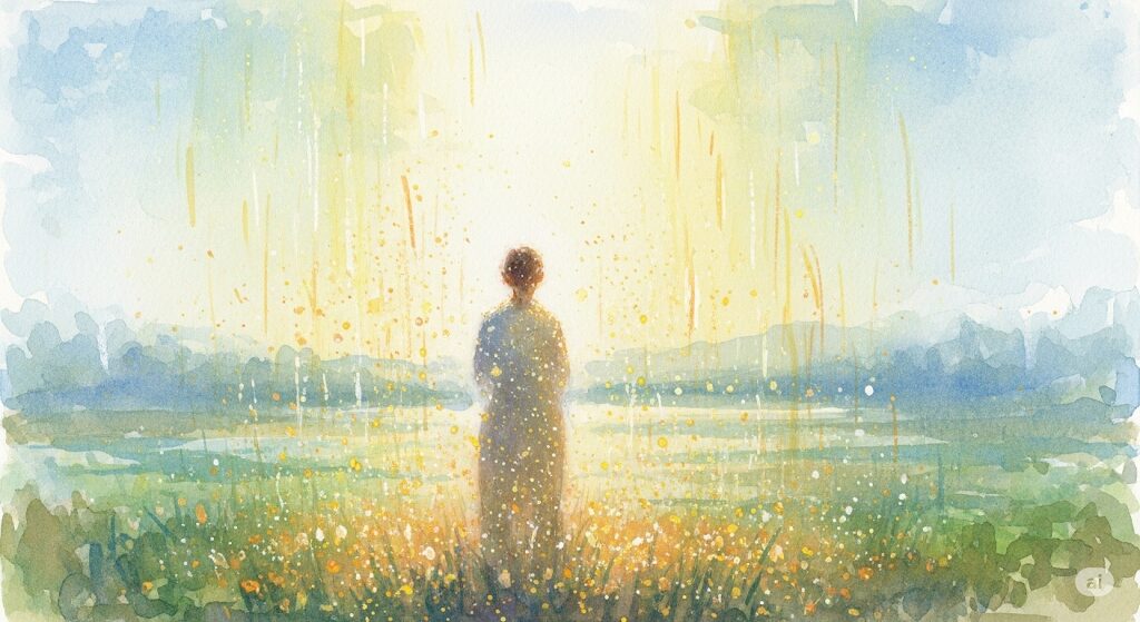 お経が聞こえるスピリチュ-リチュアルな良い意味をイメージした絵。金色の光の粒子が降り注ぎ、穏やかに微笑む人物を描いたモネ風水彩画。