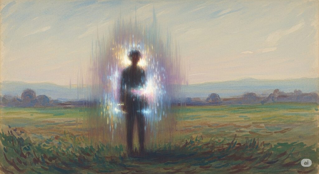 お経が聞こえるスピリチュアルなエネルギーの乱れを絵で表現。不安定に揺らめくオーラをまとった人物の姿をモネ風水彩画で描く。