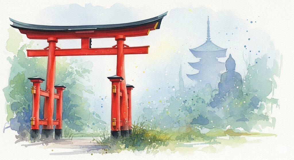 お経が聞こえるスピリチュアルな神社の風景。鳥居の奥に寺の屋根が融合し、神仏習合の神秘的な雰囲気を描いたモネ風水彩画。