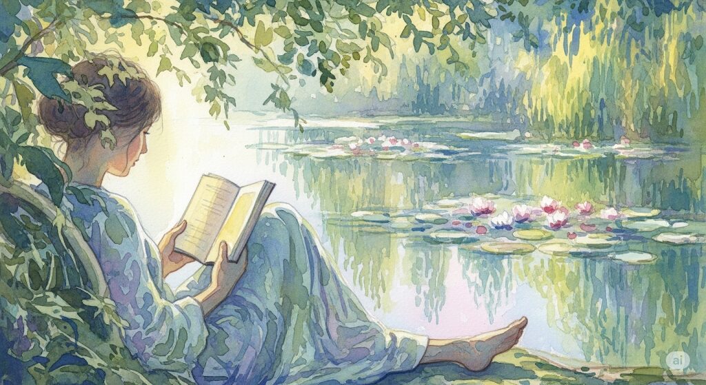 本を読むと眠くなるスピリチュアルな現象の一つ、深いリラックス状態のイメージ。モネ風の優しい色彩で描かれた人物が読書をし、心身が癒されている様子。
