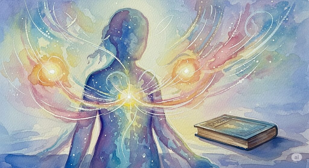 本を読むと眠くなるスピリチュアルな理由である魂のエネルギー調整を描いた水彩画。半透明の人物が宇宙の光に包まれ、エネルギーバランスを整えている。