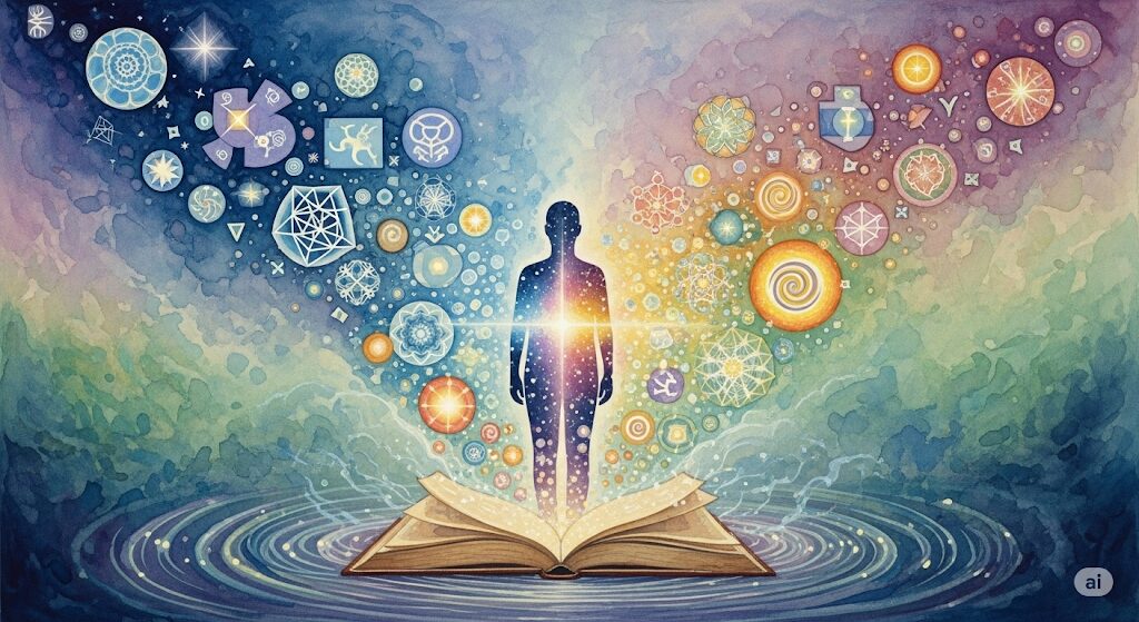 本を読むと眠くなるスピリチュアルなプロセスの図解。本からの情報が光となり、人物の潜在意識に吸収・統合されていく神秘的なイメージの水彩画。