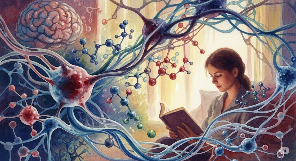 本を読むと眠くなるスピリチュアル以外の科学的メカニズムの絵。モネ風のタッチで、読書中の人物の周りに脳の神経細胞やアデノシン分子が描かれている。