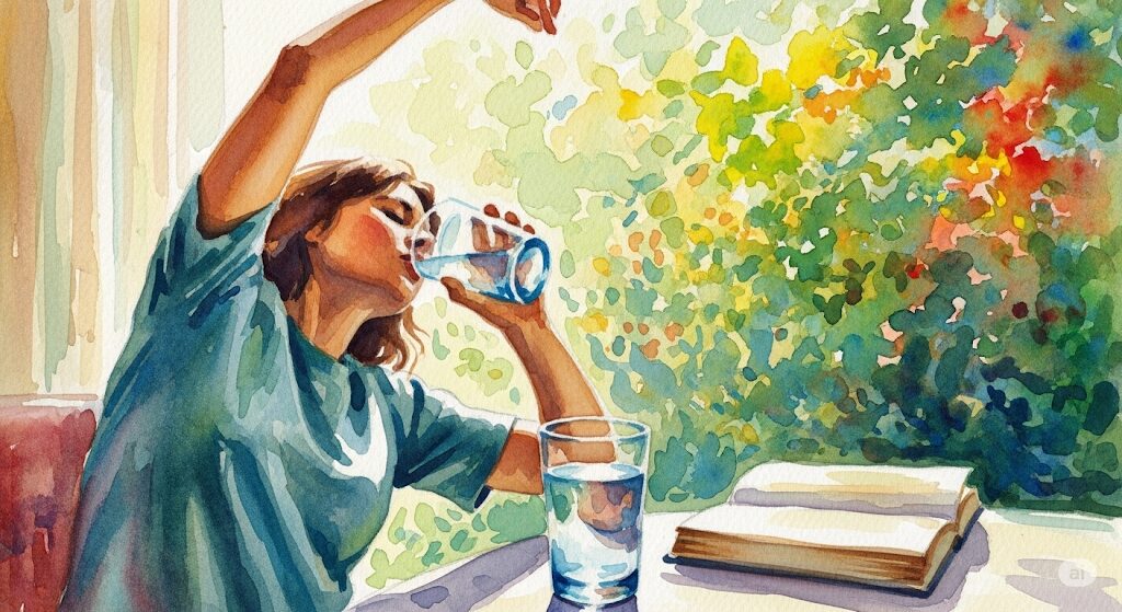 本を読むと眠くなるスピリチュアルな状況への対策イメージ。休憩中にストレッチや水分補給をする人物をモネ風の絵画で描き、リフレッシュ方法を提案。