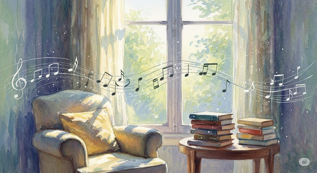 本を読むと眠くなるスピリチュアルな悩みを解決する環境のコツ。明るい照明と心地よい音楽が流れる読書空間をモネ風水彩画で表現し、集中力を示す。