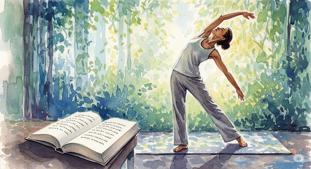 本を読むと眠くなるスピリチュアルな眠気のリフレッシュ法。読書を中断し、ヨガで心身を活性化させる人物をモネ風のイラストで描き、気分転換を促す。