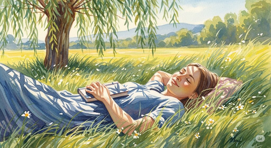 本を読むと眠くなるスピリチュアルなサインのポジティブな捉え方。本を胸に安らかに昼寝をする人物を描き、休息の重要性を示唆するモネ風の絵画。