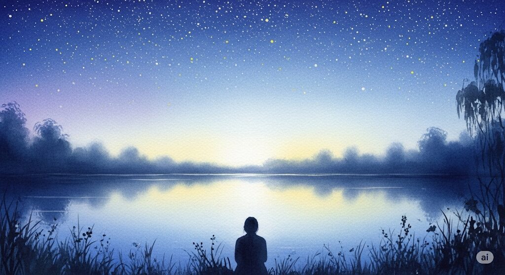 時間が経つのが早いスピリチュアルな時期の過ごし方。湖畔で静かに瞑想し、心と時間の流れを穏やかに整える様子の美しいヒーリングアート。