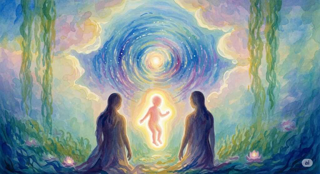 子が親を選ぶというスピリチュアルな考え方を描いた水彩画。未熟な親を選ぶ魂の神秘的な計画をモネのようなタッチで表現。