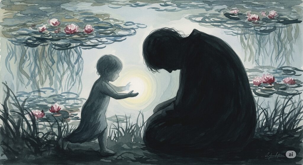 未熟な親との関係で強いられる感情労働をテーマにした水彩画。子どものスピリチュアルな痛みをモネ風のタッチで表現。