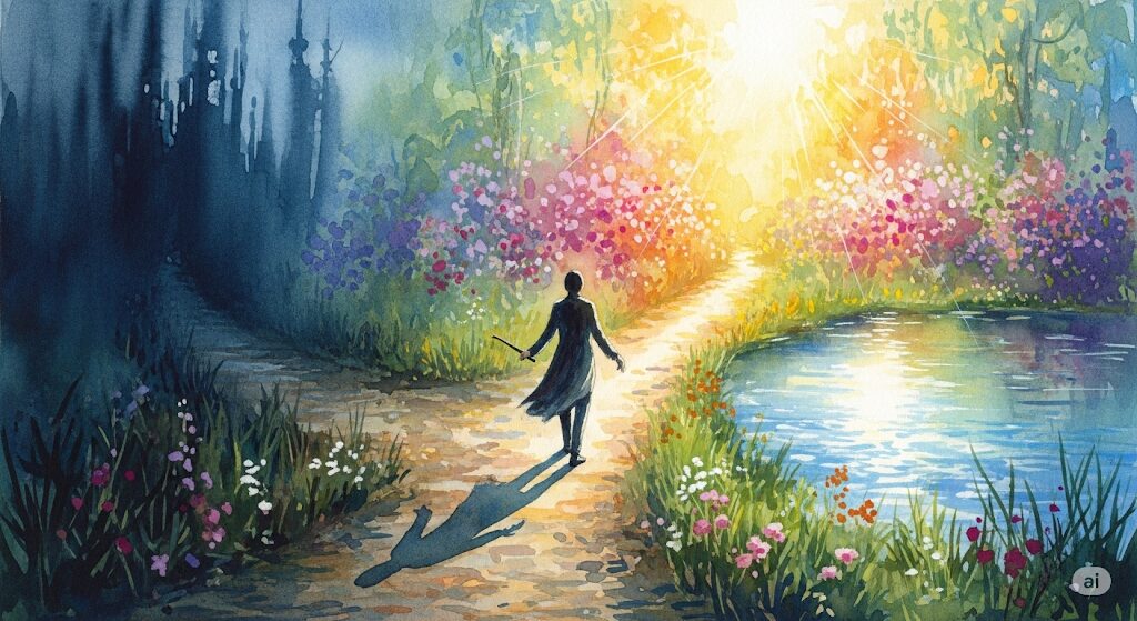 未熟な親への期待を手放すスピリチュアルな決意を描いた水彩画。自分らしい人生を歩み始める魂の姿をモネ風に表現。