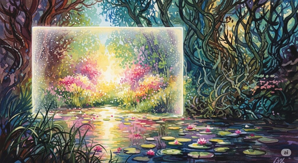 未熟な親との間に健全な境界線を引く大切さを描いた水彩画。自分を守るスピリチュアルな強さをモネ風のタッチで表現。