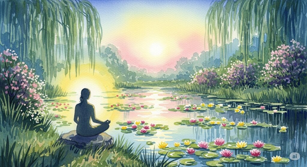 未熟な親との関係で傷ついた自分を癒す方法をテーマにした水彩画。心の平穏を取り戻すスピリチュアルな時間をモネ風に描く。
