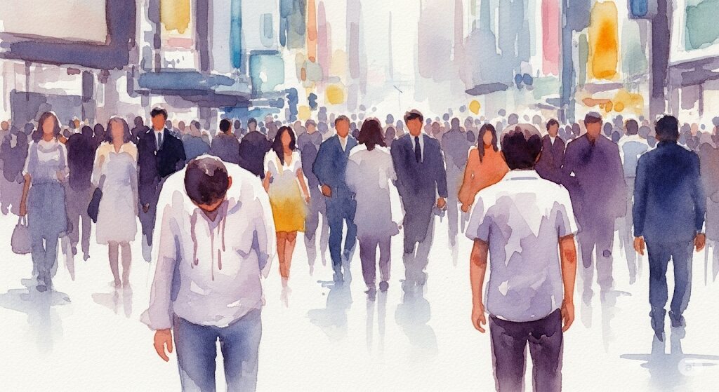 人混みで疲れるのは東京でのスピリチュアルなサイン。多くの人々がエネルギーの波となり、魂が消耗する様子を神秘的な水彩画で描いています。