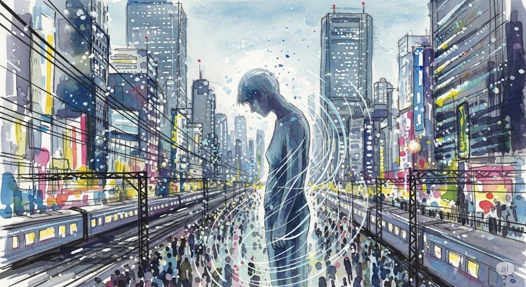 HSP気質と都会の相性を水彩画で表現。東京で疲れるスピリチュアルな理由として、繊細な魂が過剰な刺激に消耗する様子を描いています。
