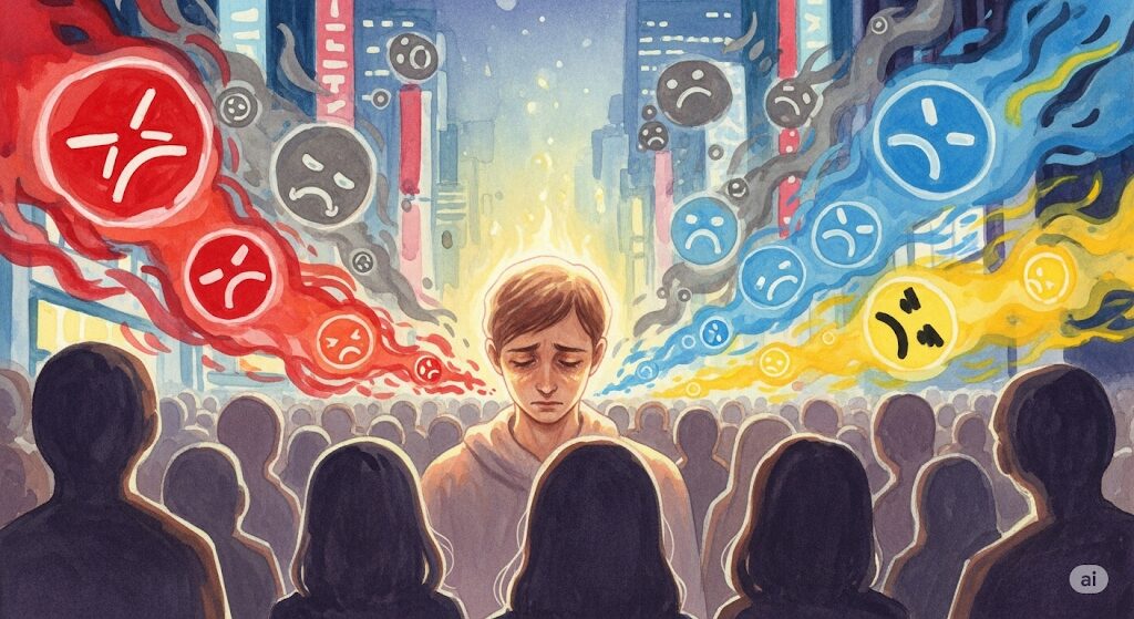 エンパス体質と人混みの関係性を描いた水彩画。東京で疲れるスピリチュアルな理由として、他者の感情を吸収し魂が消耗する様子を表現。