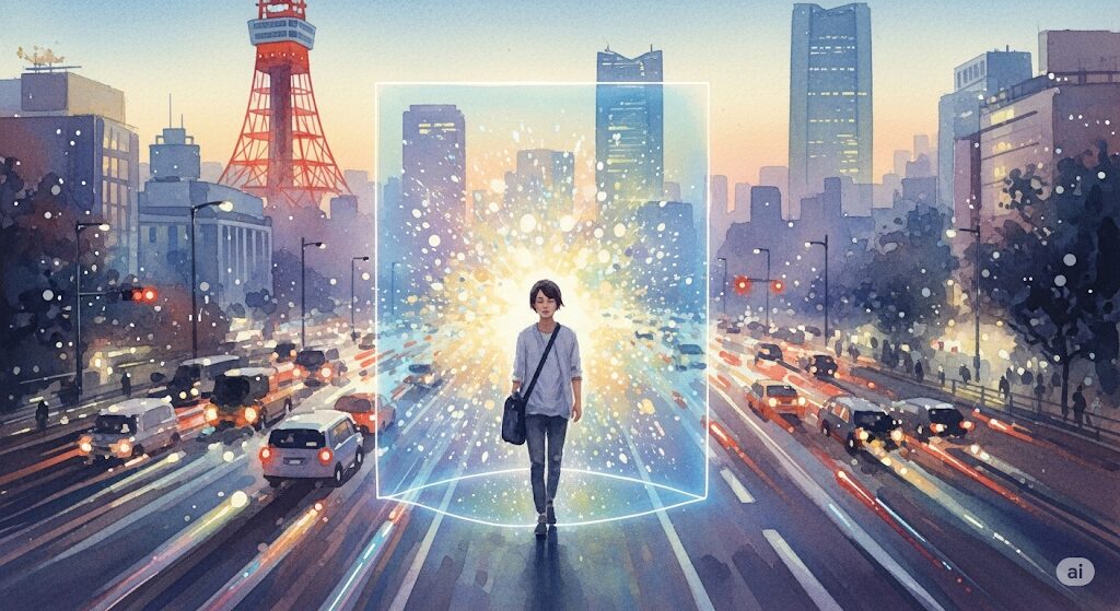 心を守るオーラプロテクションの習慣。東京で疲れるスピリチュアルな魂を光の盾で守り、都会のエネルギーを跳ね返す様子を描いた水彩画。