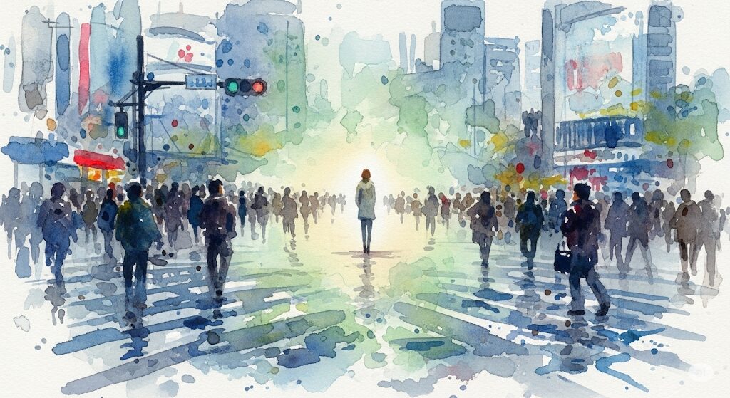 人混みでできるスピリチュアルな対策のイメージ。東京で疲れるスピリチュアルな状況でも、自分の周りに静寂の空間を作る様子を描く水彩画。