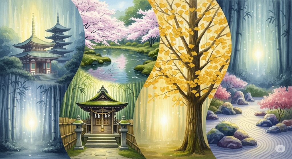 東京にある癒やしのパワースポット5選。疲れるスピリチュアルな魂を癒やす、寺社や公園の神聖な光景をコラージュした神秘的な水彩画。
