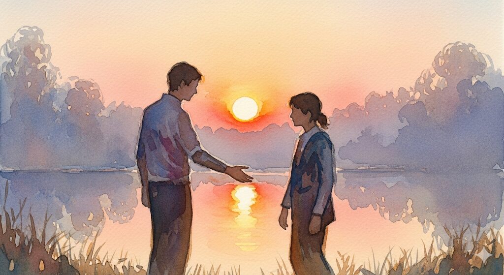 前世の恋人に会いたいサインである、初対面なのに懐かしい感覚を描いた水彩画。魂が記憶している運命の相手の特徴と再会の意味を解説します。