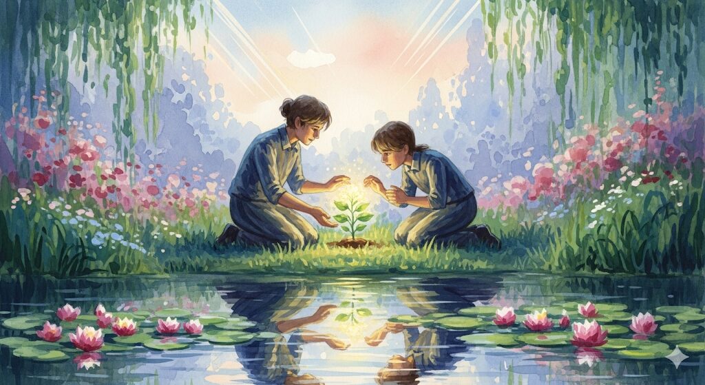前世の恋人に会いたいと願っていた方へ。出会った後の向き合い方を描いた、共に植物を育てる二人の水彩画。関係性を育む秘訣を解説します。