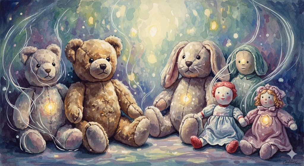 ぬいぐるみには魂が宿るのか?というスピリチュアルな問いをテーマにした神秘的な絵画。ぬいぐるみに宿る魂とスピリチュアルな可能性。
