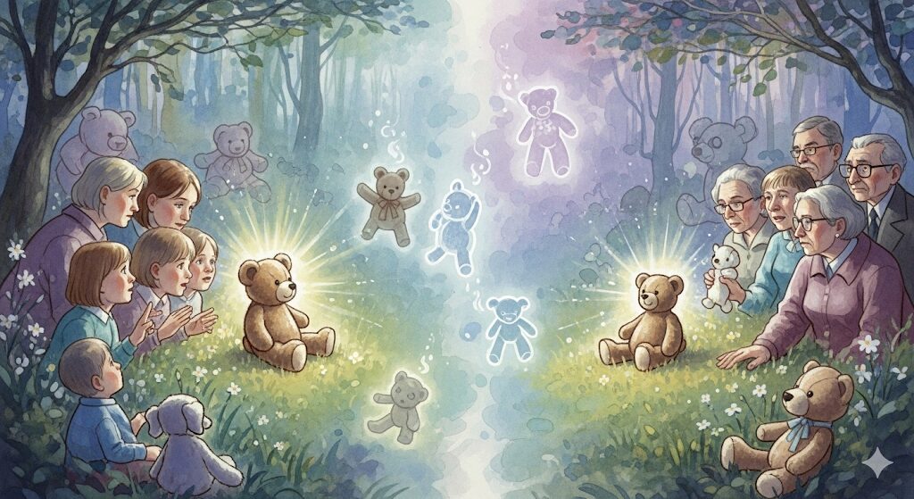 ぬいぐるみの魂は嘘か真か、スピリチュアルな考え方の違いを描いたアート。信じる心で変わる、ぬいぐるみの魂とスピリチュアルな解釈。