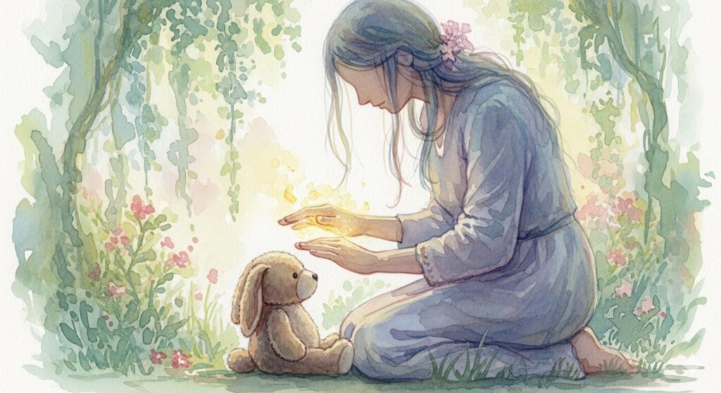 ぬいぐるみに魂を入れるスピリチュアルな儀式の様子を優しく描いた水彩画。愛を込めて行う、ぬいぐるみの魂とのスピリチュアルな契約。