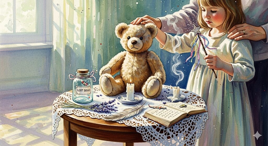 自宅でできるぬいぐるみの魂を抜くスピリチュアルな方法を表現した絵画。ぬいぐるみの魂を優しく見送るスピリチュアルな家庭での儀式。