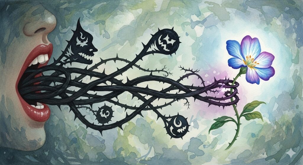 暴言を吐く人 スピリチュアルな言霊の力を描いた絵。人物の口から伸びる黒く棘のある蔓が、他者の心を表す美しい花に巻き付いている。
