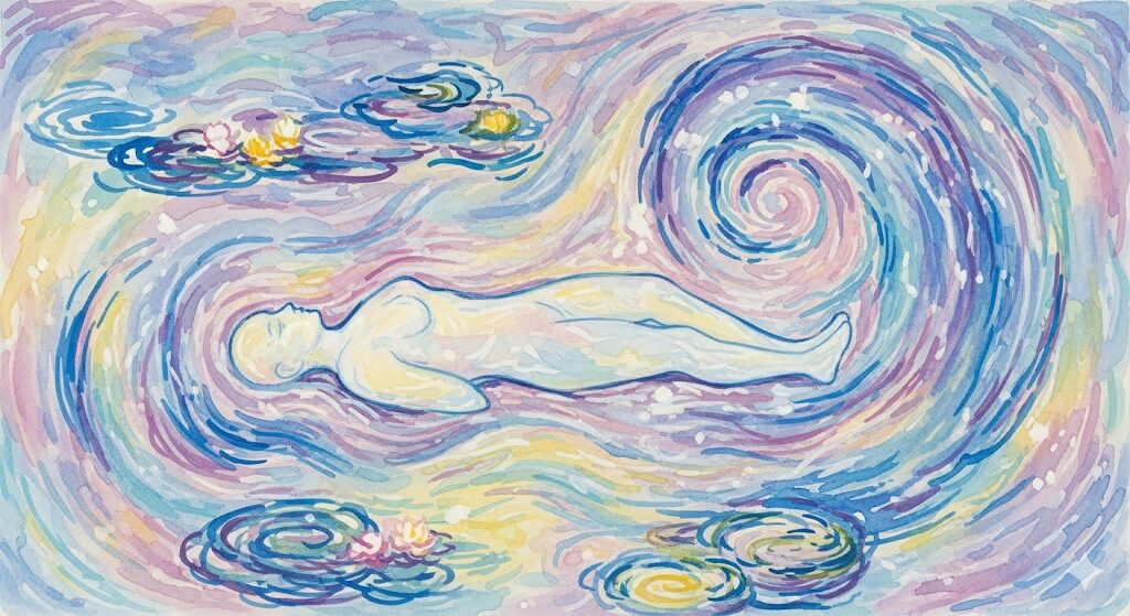 金縛りと首絞められる夢はレム睡眠中の現象。脳と体の状態を描いた神秘的な水彩画で科学的側面を解説。