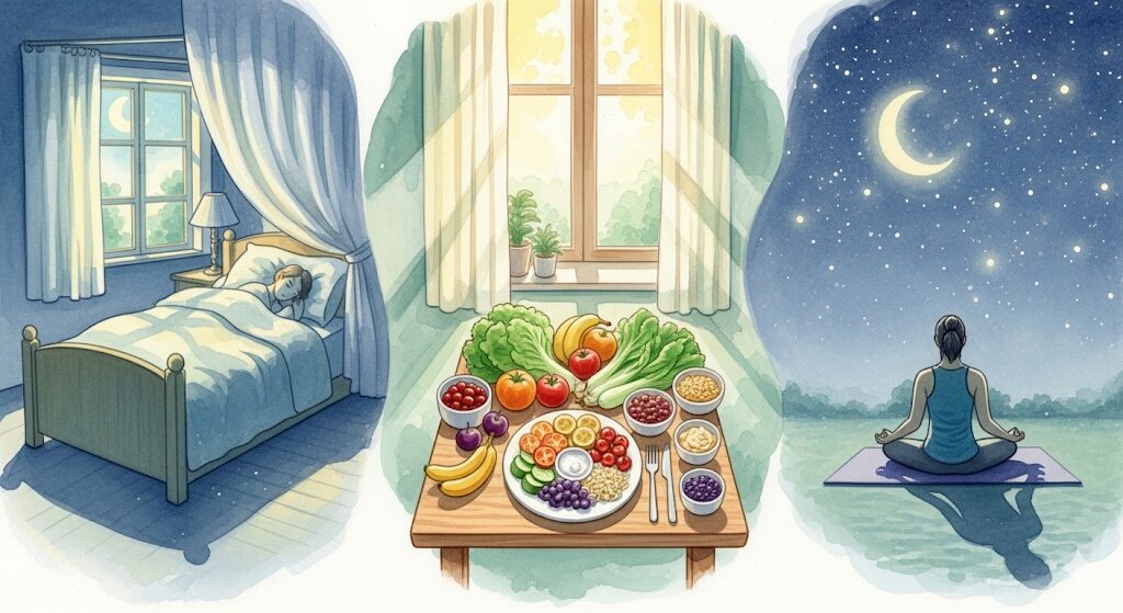 悪夢と首絞められる夢 金縛りを予防する生活習慣。穏やかな睡眠環境と心の平穏を描いたモネ風の絵画。