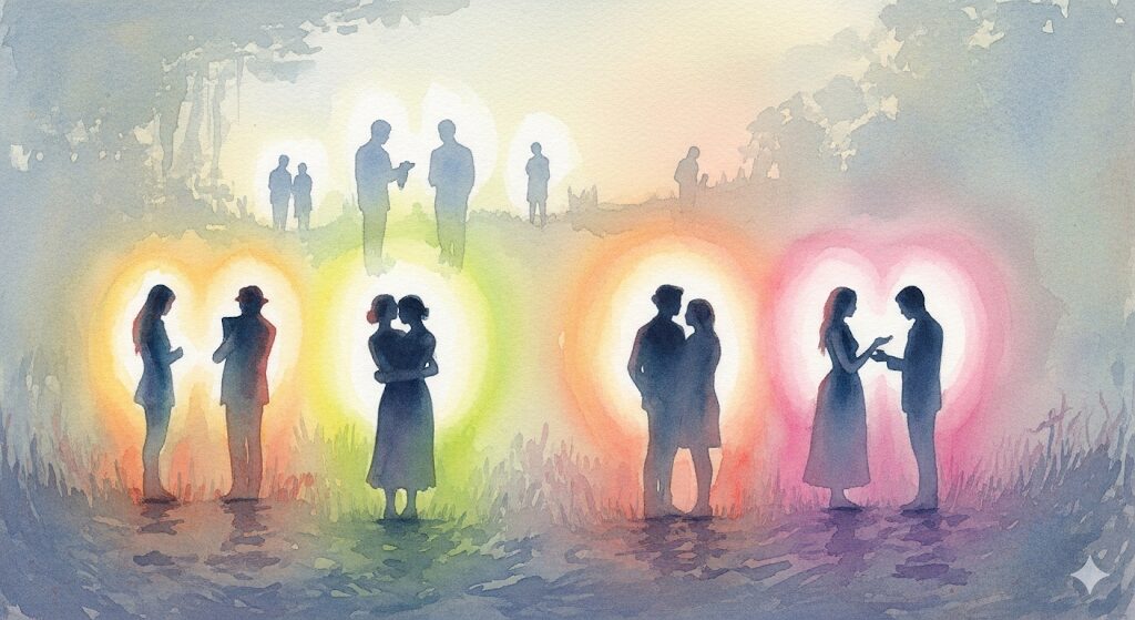 霊格の高さが人間関係に与える変化をオーラで表現。霊格が高いとどうなるか、調和の取れた繋がりが生まれる様子を描いた水彩画。