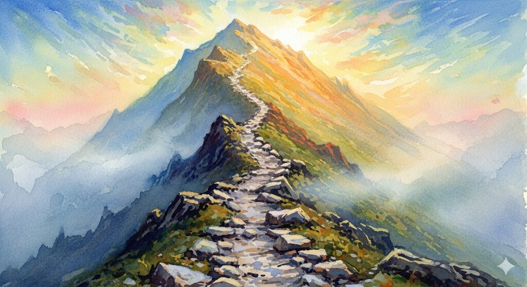 課せられる試練の厳しさを険しい山道で描いた水彩画。霊格が高いとどうなるか、困難の先にある光を目指す魂の旅路を表現。