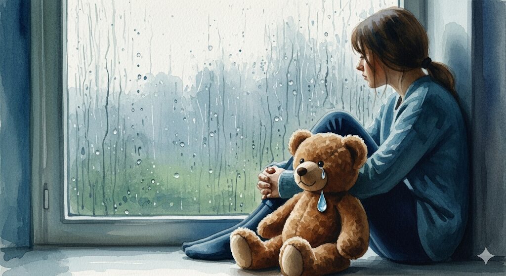 持ち主の感情が投影され、ぬいぐるみと目が合う現象。悲しみに寄り添う、スピリチュアルな共感と心の繋がりを描いています。