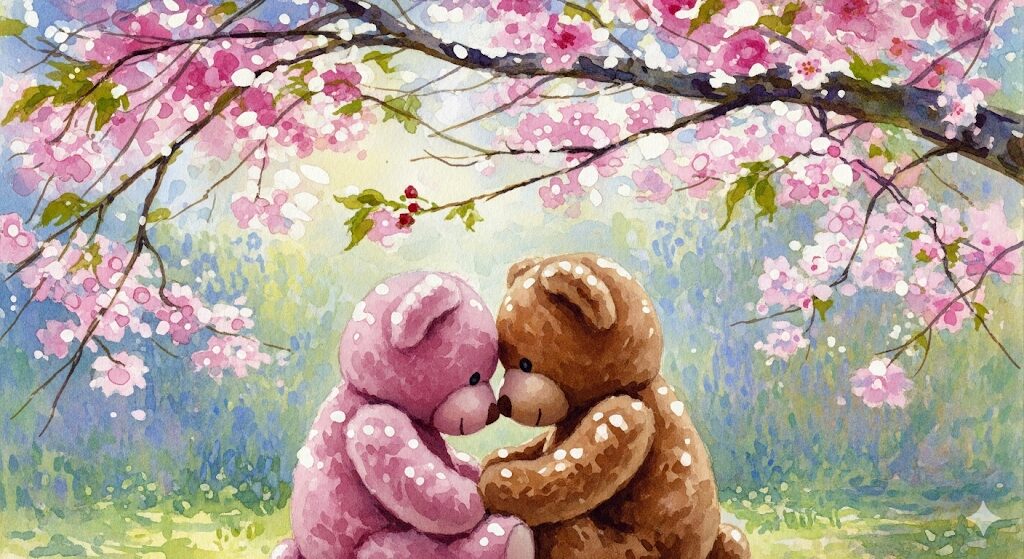 桜の下で寄り添うクマのぬいぐるみたち。恋愛運上昇のスピリチュアルなサインを優しく示唆し、ぬいぐるみと目が合うことで幸福感をもたらします。