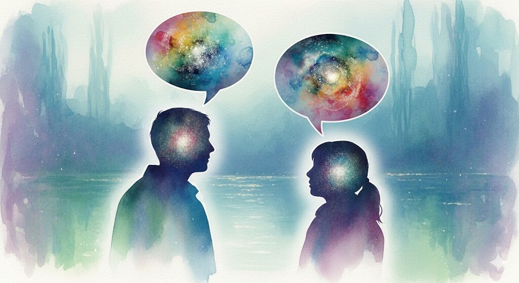 言葉が抽象的な模様となり交わらない二人。仲良かった友達との会話に違和感を覚える、スピリチュアルな関係性の変化を描いた絵。