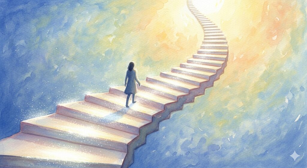 頼まれごとが運勢上昇のサインであることを示す画像。人物が光り輝く螺旋階段を天に向かって昇っていく様子が描かれている。頼まれやすい人のスピリチュアルな成長とポジティブな未来を、モネ風の美しい水彩画で表現した一枚。