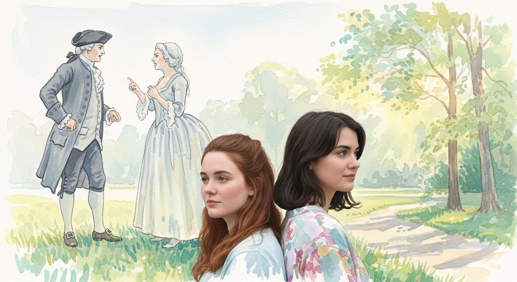 現代の姉妹に重なる前世の姿を描いた幻想的な水彩画。姉と合わないスピリチュアルな関係には、過去から続くカルマが影響しているかもしれません。