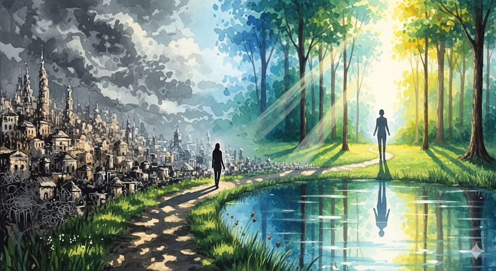 やりたいことが多すぎるのは本来の自分に戻ろうとするスピリチュアルなプロセス。混沌から静かな森へと続く道を歩む人物と、水面に映る穏やかな姿を描いた水彩画。