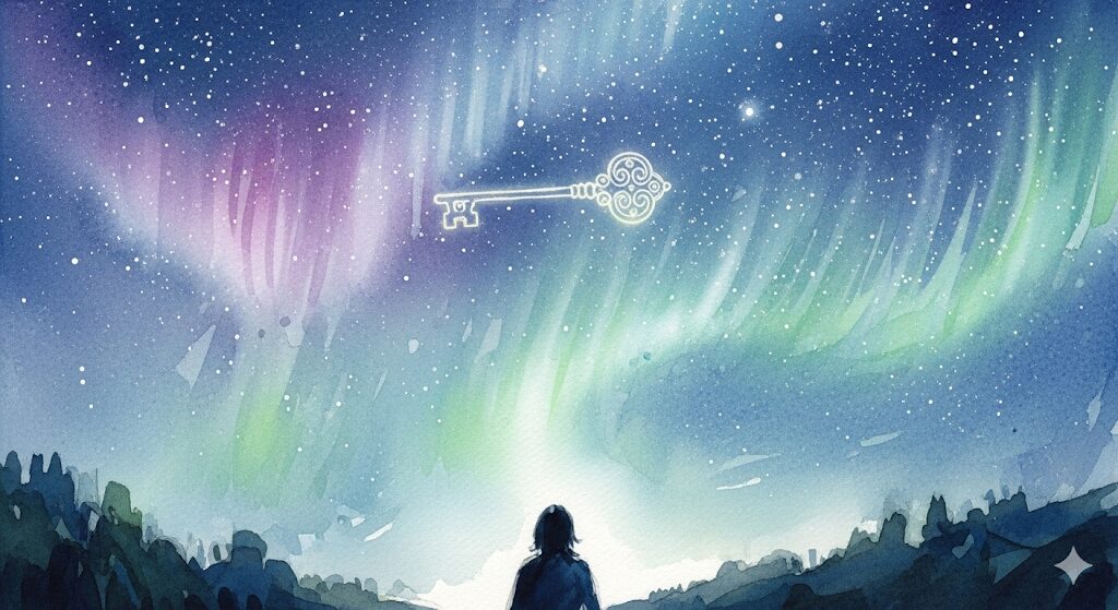 やりたいことが多すぎるのは宇宙からのスピリチュアルなサイン。オーロラが輝く夜空を見上げ、導きを示す星座の光を受け取る人物を描いた、モネ風の美しいインスピレーションアート。