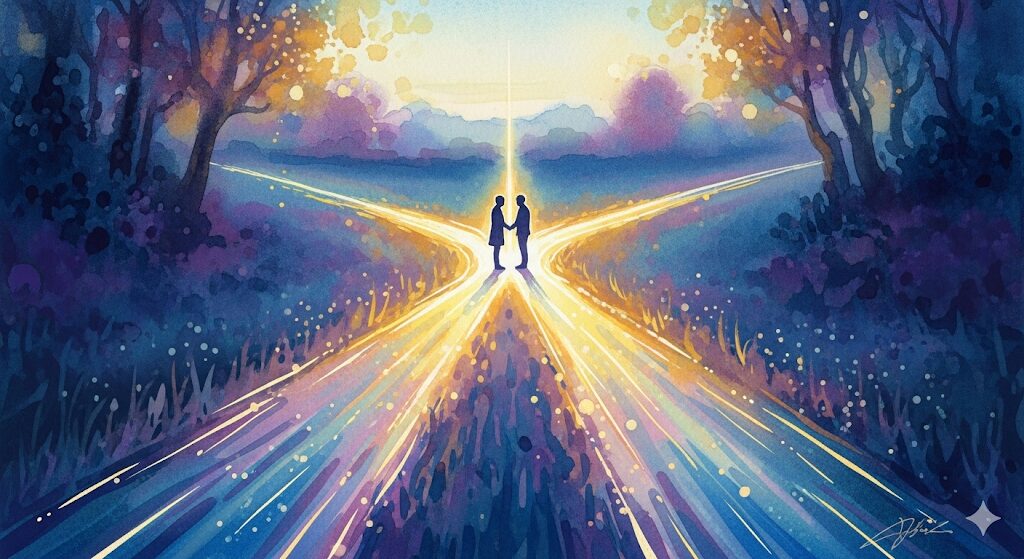 10年ぶりの再会は偶然ではない必然。スピリチュアルな視点で運命の交差点を描いたモネ風水彩画。魂の計画を感じさせるイラストです。