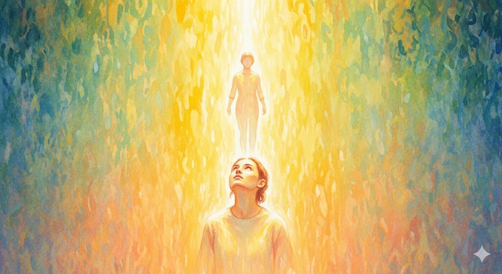 運気上昇中のサイン、10年ぶりの再会。スピリチュアルな光に包まれる人物を描いたモネ風水彩画。幸運の訪れを予感させるイラスト。
