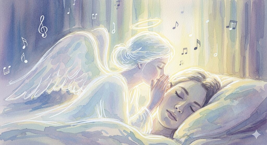 天使が眠る人に囁く、夢の中で音楽が流れるスピリチュアルなメッセージを表現したアート。高次元の存在からの導きや肯定のサインを示唆する一枚です。