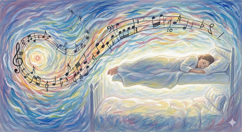 オーラが輝きエネルギーが高まる、夢の中で音楽が流れるスピリチュアルなサインを描いた絵。心身の充実とポジティブな波動の状態を象徴しています。