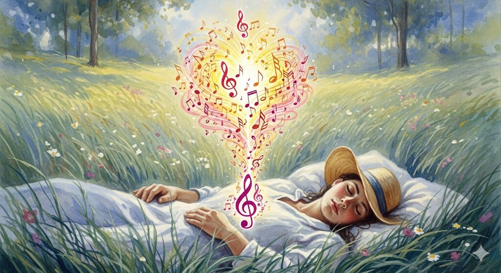 眠っていた才能が開花する、夢の中で音楽が流れるスピリ-チュアルな前兆。心から音符の花が咲くイメージは、未知の可能性が目覚めるサインです。