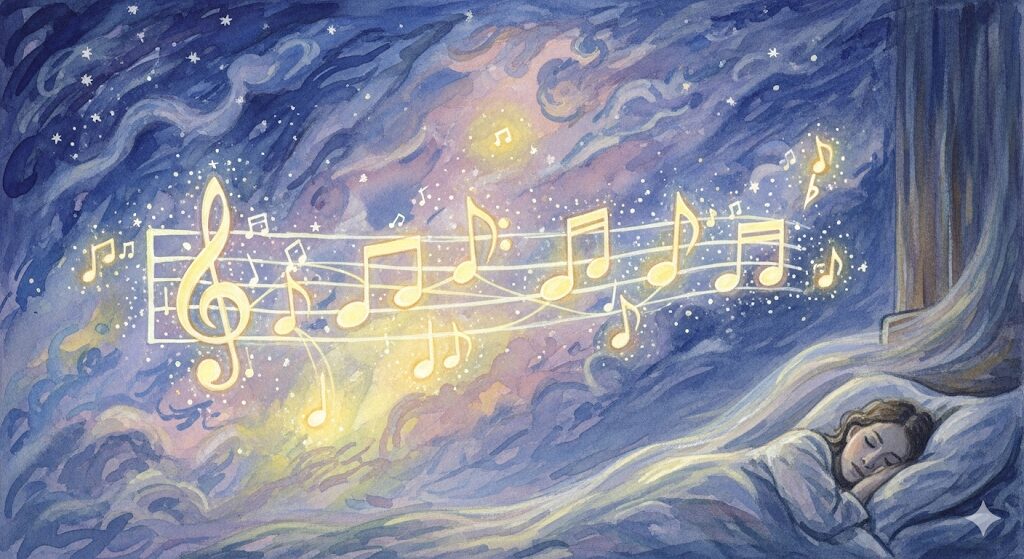 知らない曲が未来を示す、夢の中で音楽が流れるスピリチュアルな意味を絵画に。未知のメロディーは、新しい可能性や変化が訪れるサインを伝えています。