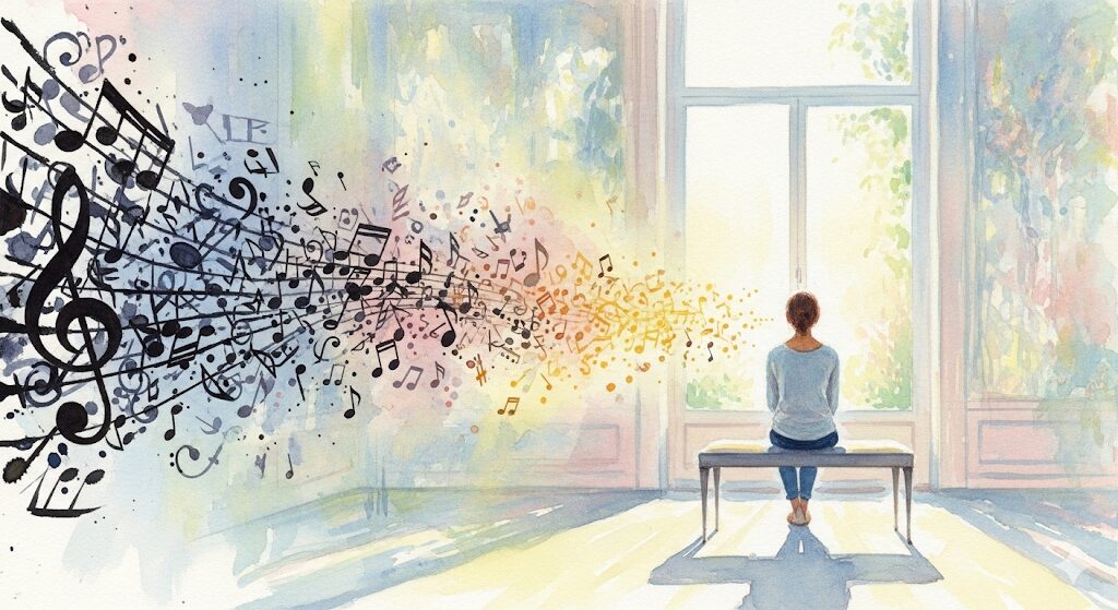 不快な夢の対処法を表現した、夢の中で音楽が流れるスピリチュアルな絵。休息や浄化により、ネガティブなエネルギーが癒しの光に変わる様子です。