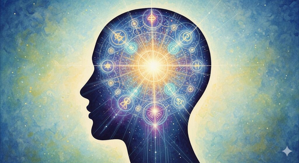 一回の睡眠でいろんな夢を見るスピリチュアルなサイン。人の横顔のシルエット内部で、潜在意識を示す光とシンボルの模様が輝きます。