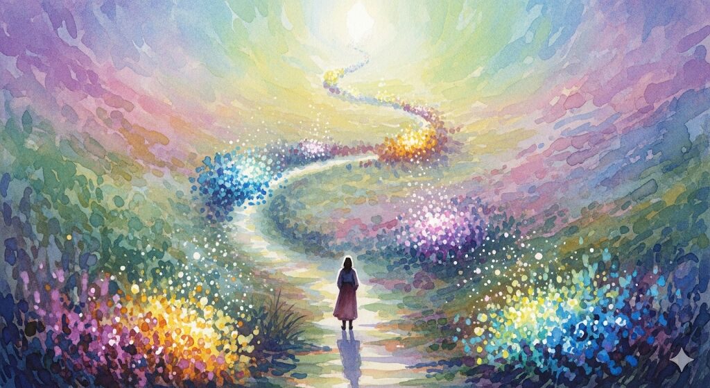 一回の睡眠でいろんな夢を見るスピリチュアルな成長。光へと続く螺旋の道を歩む人物と、気づきを象徴する輝く花々を描いた水彩画。